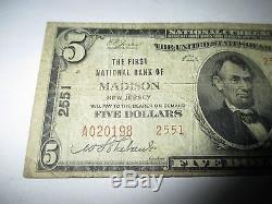 5 $ 1929 Madison New Jersey Nj Note De La Banque Nationale De Billets Bill Ch. # 2551 Rare