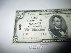 5 $ 1929 Malden Massachusetts Ma Banque De Billets De Banque Nationale Note Bill! Ch # 588 Au +
