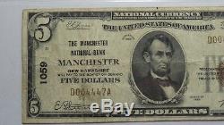 5 $ 1929 Manchester New Hampshire Nh Banque Nationale Monnaie Note Bill Ch. # 1059