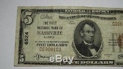 $ 5 1929 Nashville Illinois IL Banque Nationale Monnaie Note Bill! Ch. # 6524 Fin