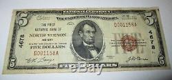 5 $ 1929 North Vernon Indiana In Billet De Banque! Ch. # 4678 Vf