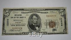 5 $ 1929 Pontiac Michigan MI Banque Nationale Monnaie Note Bill Ch. # 12288 Fin