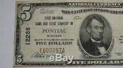 5 $ 1929 Pontiac Michigan MI Banque Nationale Monnaie Note Bill Ch. # 12288 Fin