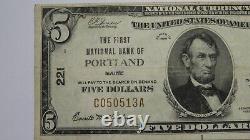 5 $ 1929 Portland Maine Me Monnaie Nationale Banque Bill Charte #221 Vf+