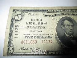 5 $ 1929 Proctor Minnesota Mn Banque Nationale De Billets De Banque Note! # 11125! Rare