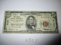 $ 5 1929 Santa Barbara Californie Ca Note De La Banque Nationale De Billets De Banque! Ch. # 2104