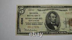 $5 1929 Spartanburg Caroline Du Sud Sc National Monnaie Banque Bill! Ch #4996