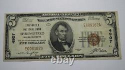 $5 1929 Springfield Massachusetts Ma Monnaie Nationale Note De La Banque Bill #4907 Vf