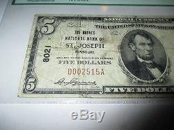 $ 5 1929 St. Joseph Missouri Mo Note De La Banque Nationale De Billets Bill # 8021 Fine Pcgs
