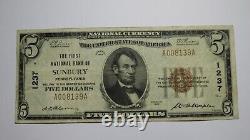5 1929 Sunbury Pennsylvania Ap National Monnaie Banque Note Bill Ch. #1237 Vf