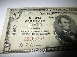 5 1929 $ Tampa Floride Fl Banque De La Monnaie Nationale Note Bill Ch. # 4949 Rare