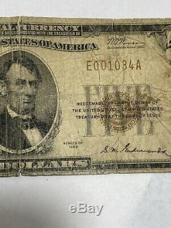 5 $ 1929 Union Alabama Ressorts Al Banque Nationale Monnaie Note Bill Ch. # 7467 Rare