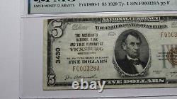 5 1929 Vicksburg Mississippi Ms Monnaie Nationale Banque Note Bill Ch. #3430 Vf25