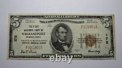$5 1929 Williamsport Pennsylvania Ap National Monnaie Banque Note Bill Ch #175 Xf