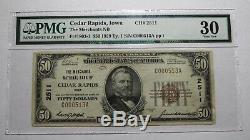 50 $ 1929 Cedar Rapids Iowa Ia Banque Nationale Monnaie Note Bill # 2511 Vf30 Pmg