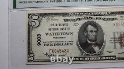 Billet de banque américain de 5 dollars de 1929 de la banque nationale de Watertown, Wisconsin, WI, Ch 9003, état AU53, certifié par le PMG.