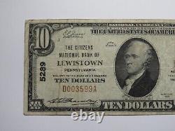 Billet de banque de 10$ de 1929 de Lewistown, Pennsylvanie, PA Currency Bank Note Bill Ch 5289 FINE.