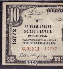 Billet de banque de 10 $ de la First National Bank de 1929 de Scottdale, Pennsylvanie, noté PCGS VF 30