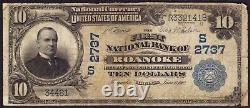 Billet de banque de 10 $ de la première banque nationale de Roanoke, Virginie, en circulation en 1902, en bon état F+.