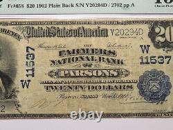 Billet de banque de 20 $ de 1902 de Parsons, Kansas, Kansas, Ch. #11537 F15 PMG