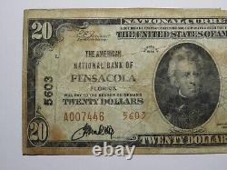 Billet de banque de 20 $ de 1929 de la National Currency Bank de Pensacola, Floride, FL ! Ch. #5603 RARE