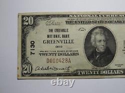 Billet de banque de 20 $ de 1929 de la banque nationale de Greenville, Ohio, charte #7130, en très bon état (VF).