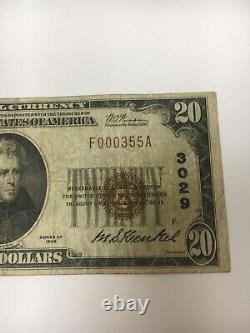 Billet de banque de 20 dollars américains de 1929 de la banque nationale de Moorefield, Virginie-Occidentale, TYI CH#3029, brut BIN.