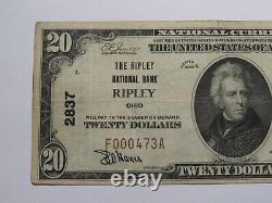 Billet de banque de 20 dollars de 1929, Ohio OH National Currency Bank Note Bill Charter #2837 en VF RARE