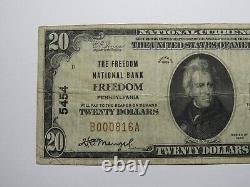 Billet de banque de 20 dollars de 1929 de la banque nationale de la Pennsylvanie, Freedom, PA Ch. #5454 en bon état.