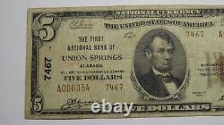 Billet de banque de 5 $ de l'Alabama AL National Currency de l'Union Springs de 1929 Ch. #7467 en bon état