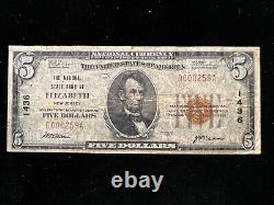 Billet de banque de 5 dollars de la National Bank d'Elizabeth, NJ, de 1929 (Ch. 1436)