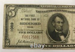 Billet de banque de 5 dollars de la monnaie nationale de 1929 de la banque de Biddeford, Maine, Ty I Ch# 1089, brute, poubelle gratuite.
