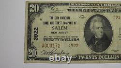 Billet de banque de la Banque nationale de Salem, New Jersey NJ, de 1929, d'une valeur de 20 dollars, charte n°3922, en très bon état (VF).