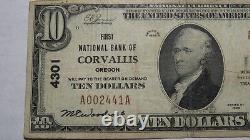 Billet de banque de la National Currency Bank Note de 10 dollars de 1929 à Corvallis, Oregon, OR, Ch. #4301 FINE+