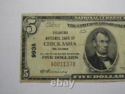 Billet de banque de la National Currency Bank de Chickasha, Oklahoma OK, de 1929, d'une valeur de 5 dollars, numéro de série 9938, en très bon état.