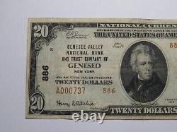 Billet de banque de la National Currency Bank de Geneseo, New York, NY, de 1929, d'une valeur de 20 dollars, charte n° 886, en très bon état (VF+).