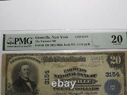 Billet de banque de la National Currency Bank de Granville, New York NY, de 1902, d'une valeur de 20 dollars, numéro de série 3154, évalué à VF20 par PMG