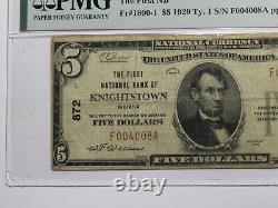 Billet de banque de la National Currency Bank de Knightstown, Indiana IN de 1929 de 5 $, Ch # 872 VF20 PMG