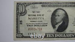 Billet de banque de la National Currency Bank de Marietta, Pennsylvanie, PA de 10 dollars de 1929 Ch. #25 VF+