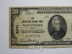 Billet de banque de la National Currency Bank de Montpelier, Ohio OH, datant de 1929, d'une valeur de 20 $, Charte n° 5341, en bon état.