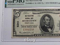 Billet de banque de la National Currency Bank de Myerstown, Pennsylvanie, de 5 dollars de 1929, numéro de série 5241, XF40 PMG.