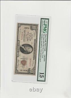 Billet de banque de la National Currency Bank de New York NY datant de 1929, d'une valeur de 10 dollars. Ch. #2370, état de conservation F15, certifié par PMG.