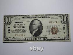 Billet de banque de la National Currency Bank de Pittsburgh, Pennsylvanie, PA, de 1929, d'une valeur de 10 dollars, Ch #3874, en état XF.