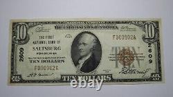 Billet de banque de la National Currency Bank de Saltsburg, Pennsylvanie, PA, de 1929, d'une valeur de 10 dollars, numéro de série 2609, en état XF+++