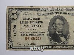 Billet de banque de la National Currency Bank de Scarsdale, New York NY, de 1929, de 5 $, n° de série 11708, en bon état.