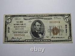 Billet de banque de la National Currency Bank de Scranton, Pennsylvanie, PA, de 1929, d'une valeur de 5 dollars, numéro de série #8737, en état VF+.