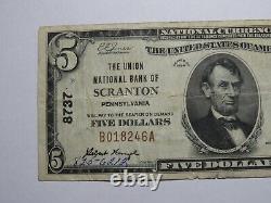 Billet de banque de la National Currency Bank de Scranton, Pennsylvanie, PA, de 1929, d'une valeur de 5 dollars, numéro de série #8737, en état VF+.