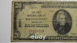 Billet de banque de la National Currency Bank de Stevens Point Wisconsin WI de 1929 de 20 $! #3001 RARE