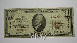 Billet de banque de la National Currency Bank de l'Indépendance, Missouri, MO, de 1929, d'une valeur de 10 dollars, numéro de série #4157, en état très fin (VF).