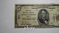 Billet de banque de la devise nationale Knightstown Indiana IN de 1929 de 5 $! Ch. #872 FINE+